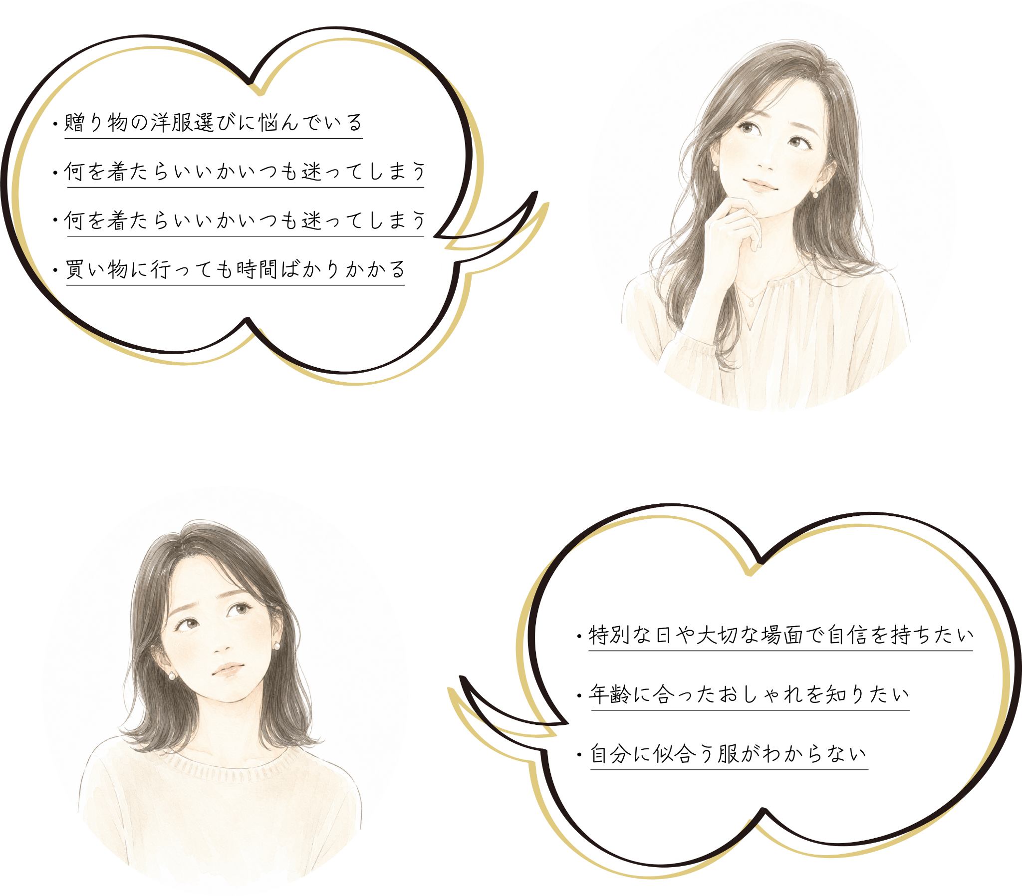 自分に似合う服がわからない、年齢に合ったおしゃれを知りたい、いつも似たような服を選んでしまう、何を着たらいいかいつも迷ってしまう、買い物に行っても時間ばかりかかる、特別な日や大切な場面で自信を持ちたい、贈り物の洋服選びに悩んでいる、という悩みを抱える2人の女性のイラスト